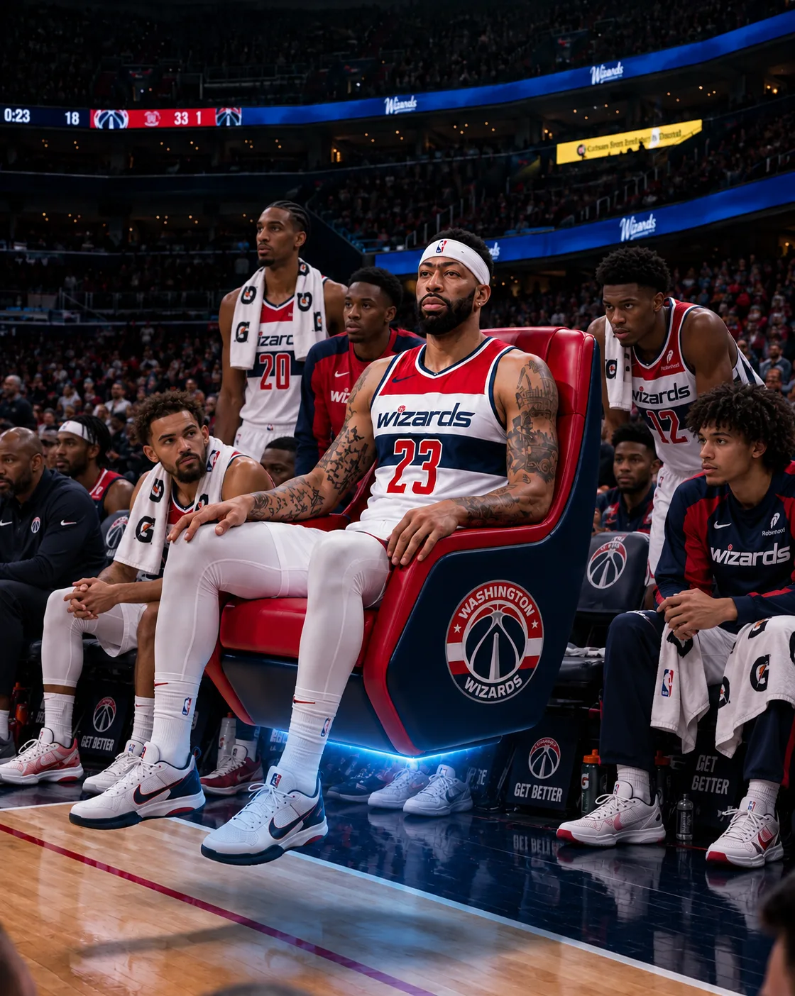 Satirical editorial image of Anthony Davis in a courtside stasis chair