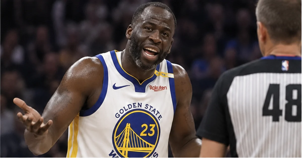 Satirical editorial image of Draymond Green disputing a call with a basketball official