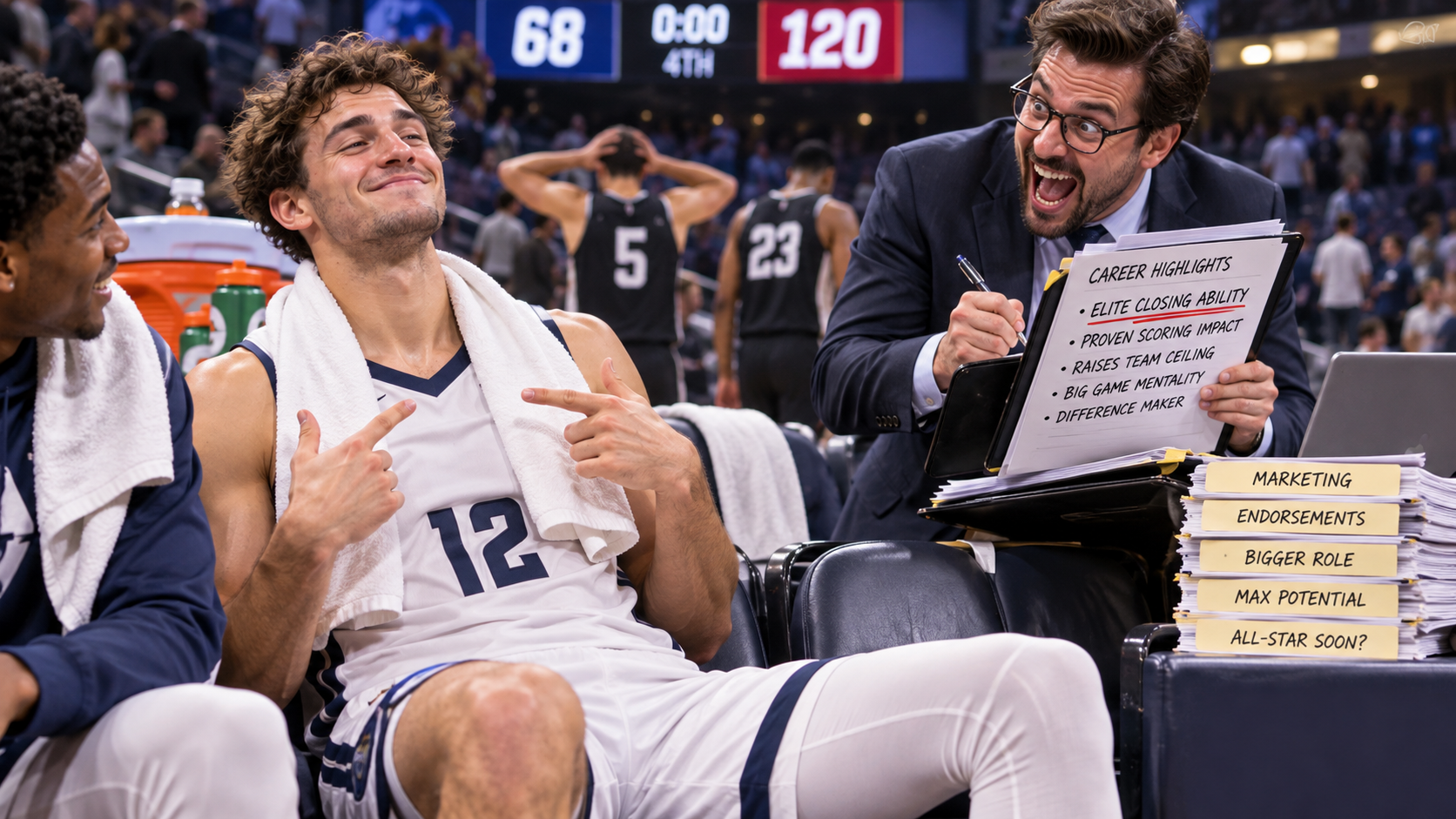 Satirical postgame scene of a bench player being marketed as an elite closer after garbage-time scoring.