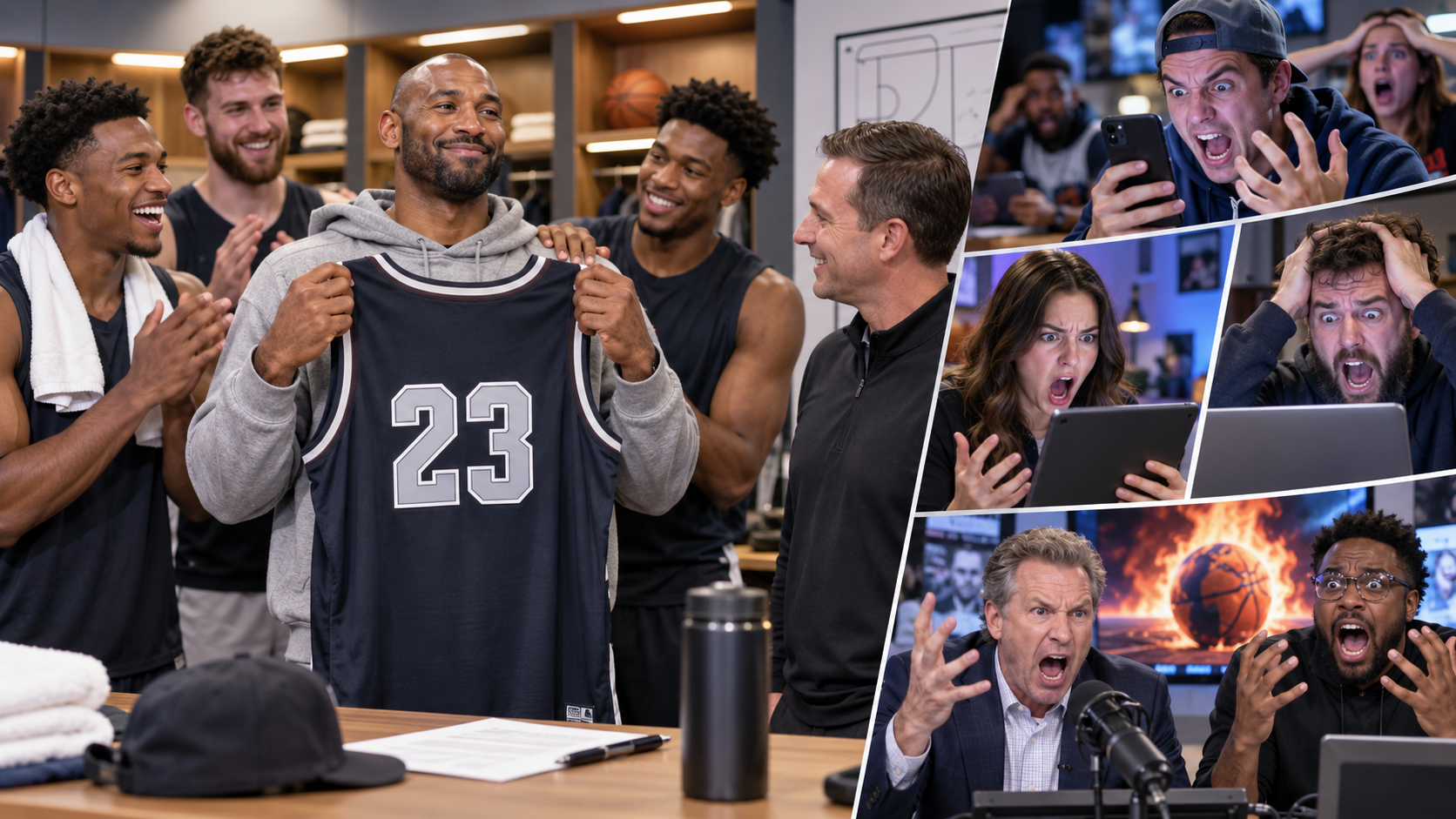 Satirical signing scene followed by exaggerated internet panic over a veteran joining a contender.