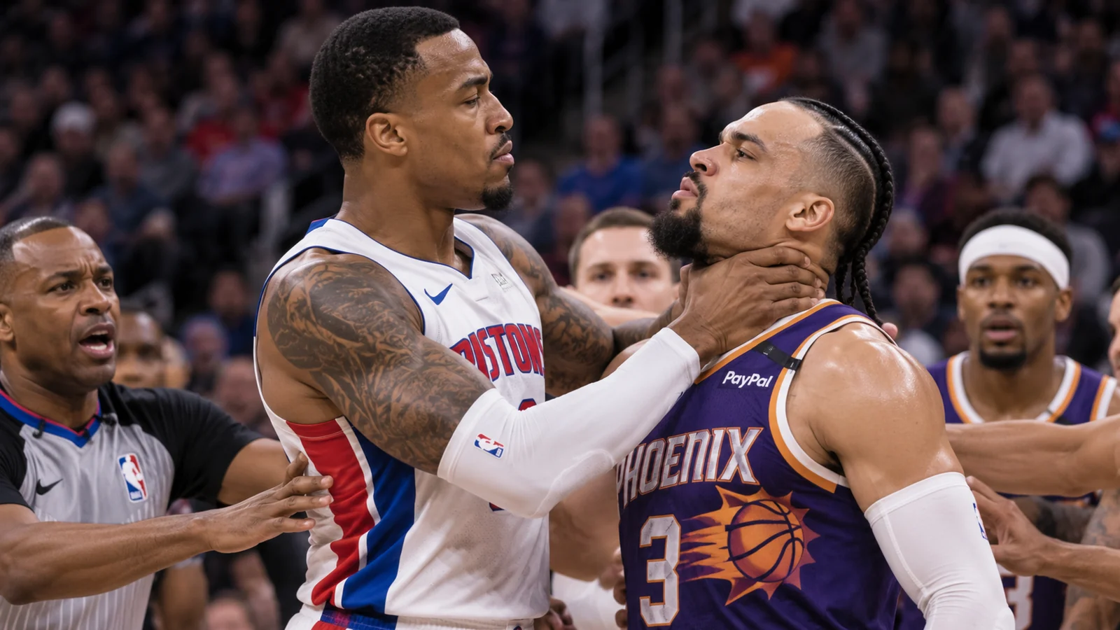 Satirical sports-photo confrontation with a Detroit player grabbing a Phoenix player as referees and teammates rush in.