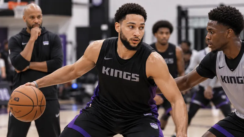Satirical Sacramento practice scene with a Ben Simmons-like player dribbling while a coach watches.