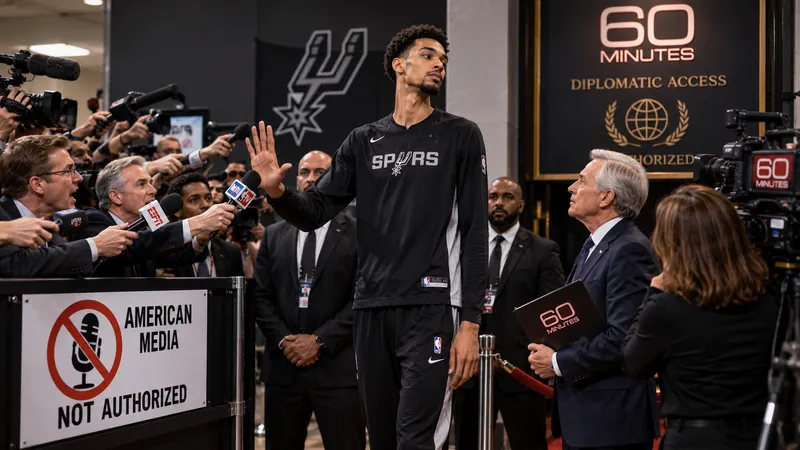 Satirical press-room scene with a Spurs star blocking American reporters while a 60 Minutes crew receives diplomatic-style access.