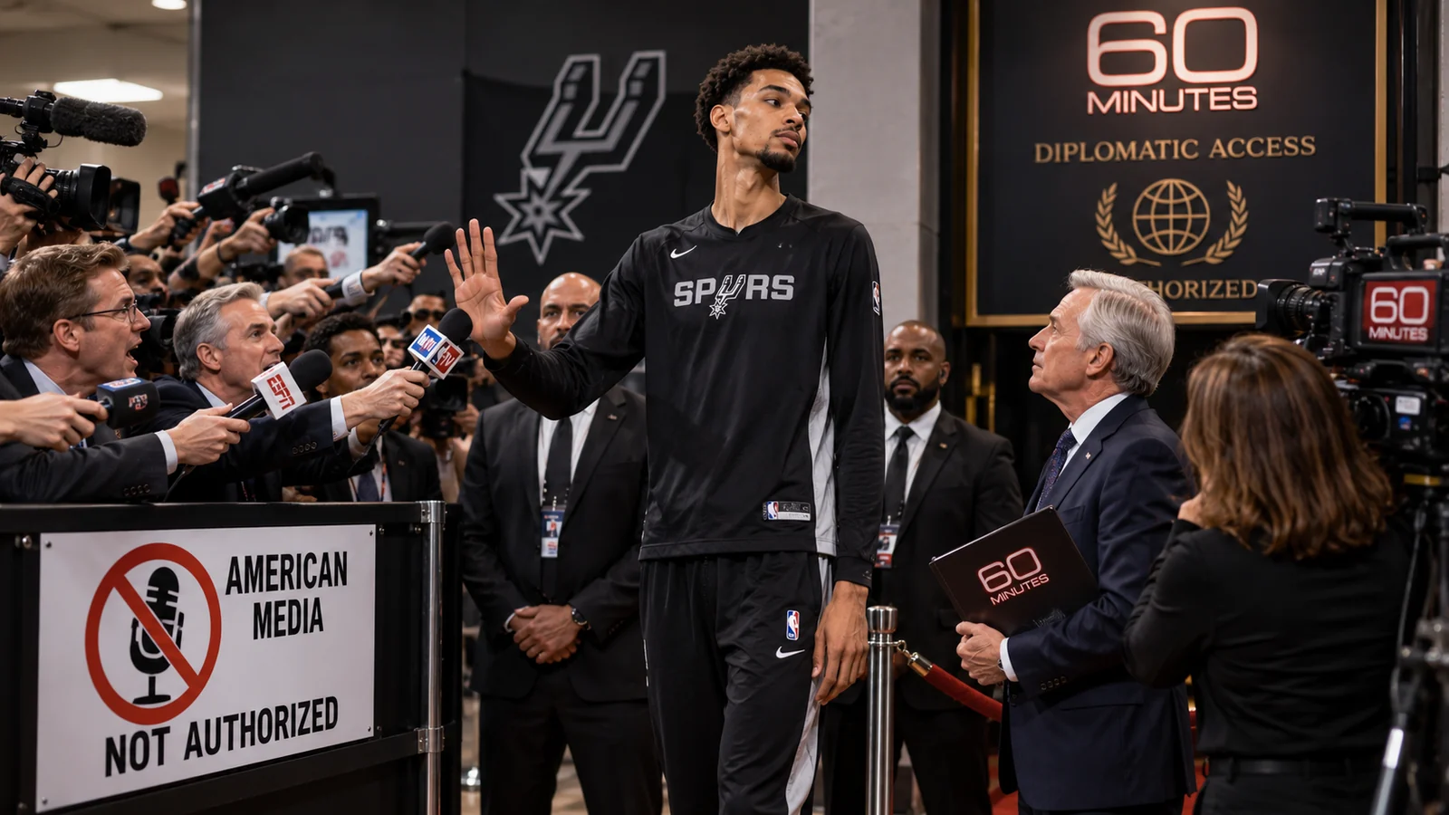 Satirical press-room scene with a Spurs star blocking American reporters while a 60 Minutes crew receives diplomatic-style access.