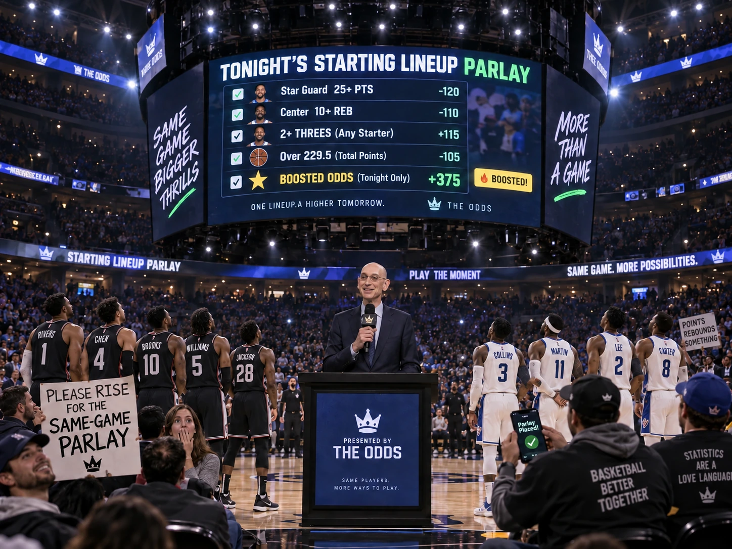 Satirical editorial image of an NBA commissioner presenting betting odds during starting-lineup introductions.