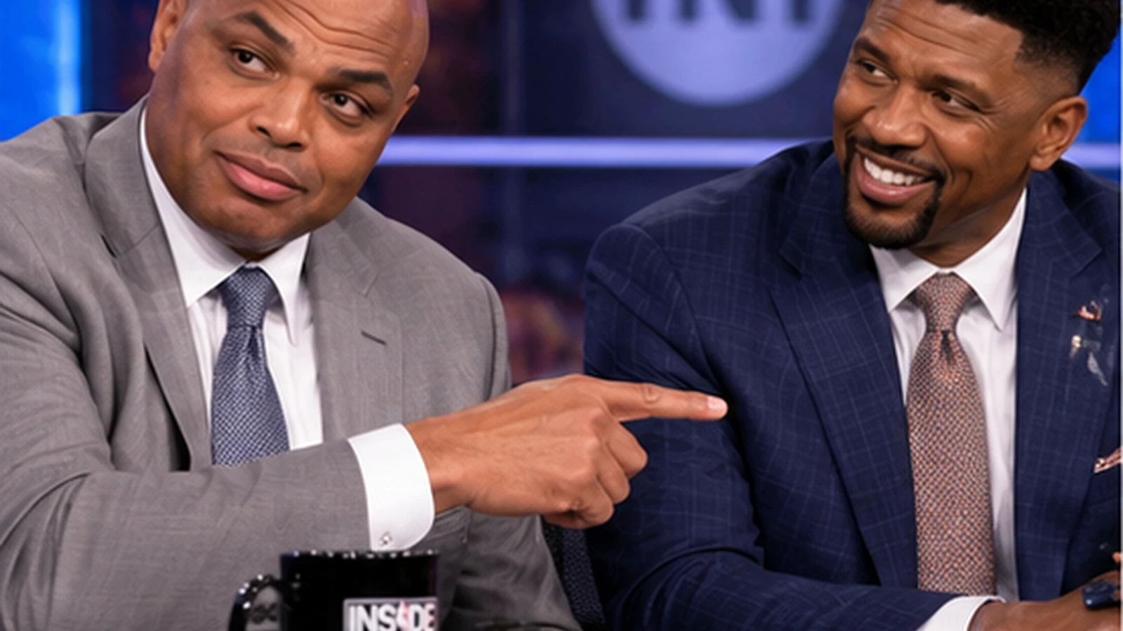 Satirical editorial image of Charles Barkley and Jalen Rose together in a basketball television studio.