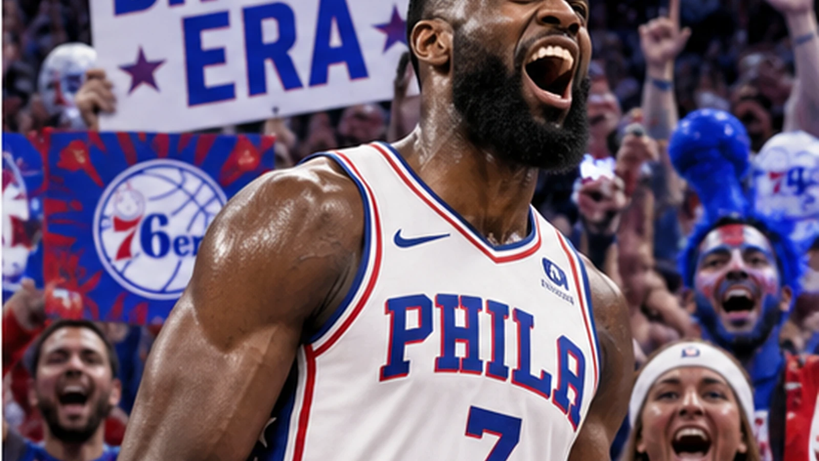 Satirical editorial image of Jaylen Brown celebrating in current Philadelphia 76ers gear while Sixers fans erupt behind him.