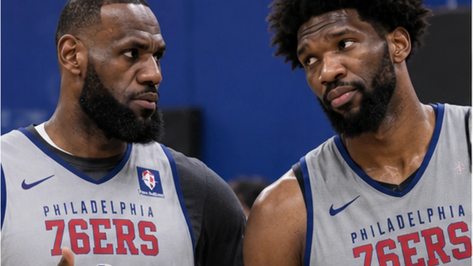 Satirical editorial image of LeBron James and Joel Embiid in current Philadelphia gear discussing a disputed practice report.