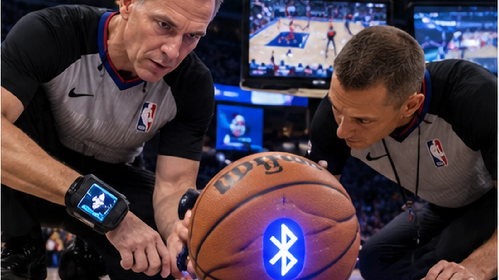 Satirical realistic image of referees inspecting a Bluetooth-enabled smart basketball during replay review.