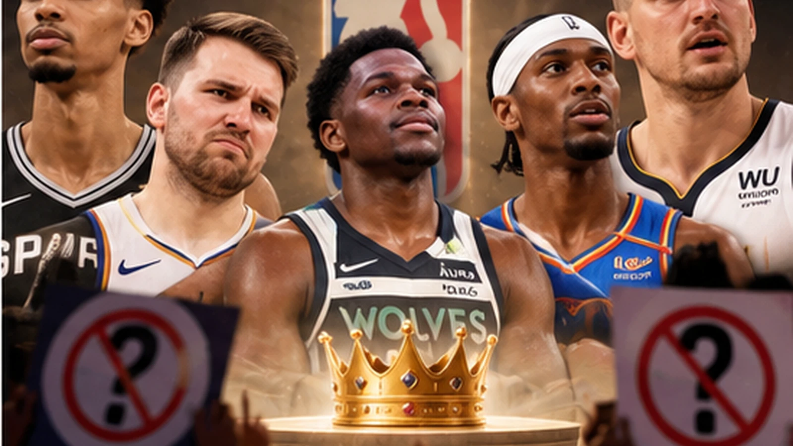 Satirical editorial image presenting Victor Wembanyama, Luka Doncic, Anthony Edwards, Shai Gilgeous-Alexander and Nikola Jokic as competing face-of-the-league candidates.