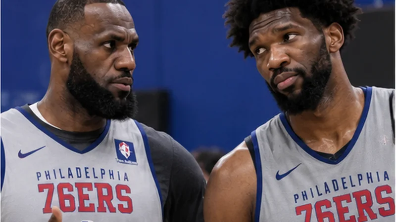 Satirical editorial image of LeBron James and Joel Embiid in current Philadelphia gear discussing a disputed practice report.