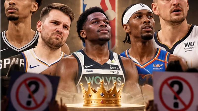 Satirical editorial image presenting Victor Wembanyama, Luka Doncic, Anthony Edwards, Shai Gilgeous-Alexander and Nikola Jokic as competing face-of-the-league candidates.