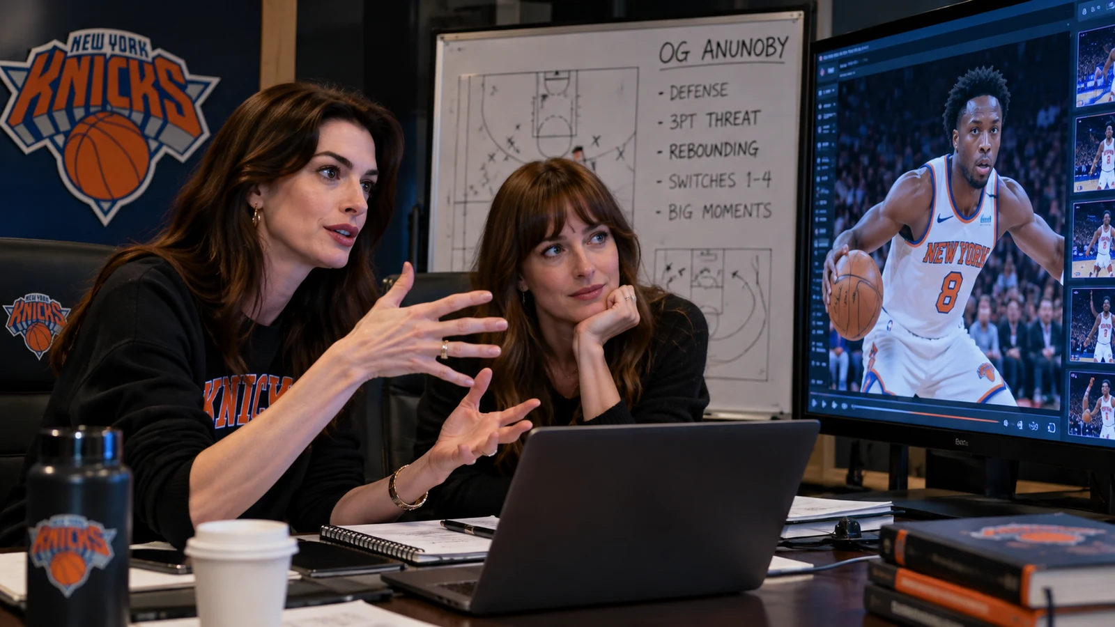 Cinematic Knicks film-room scene with an Anne Hathaway-like woman explaining OG Anunoby to a Dakota Johnson-like woman beside basketball diagrams and a Knicks game screen.