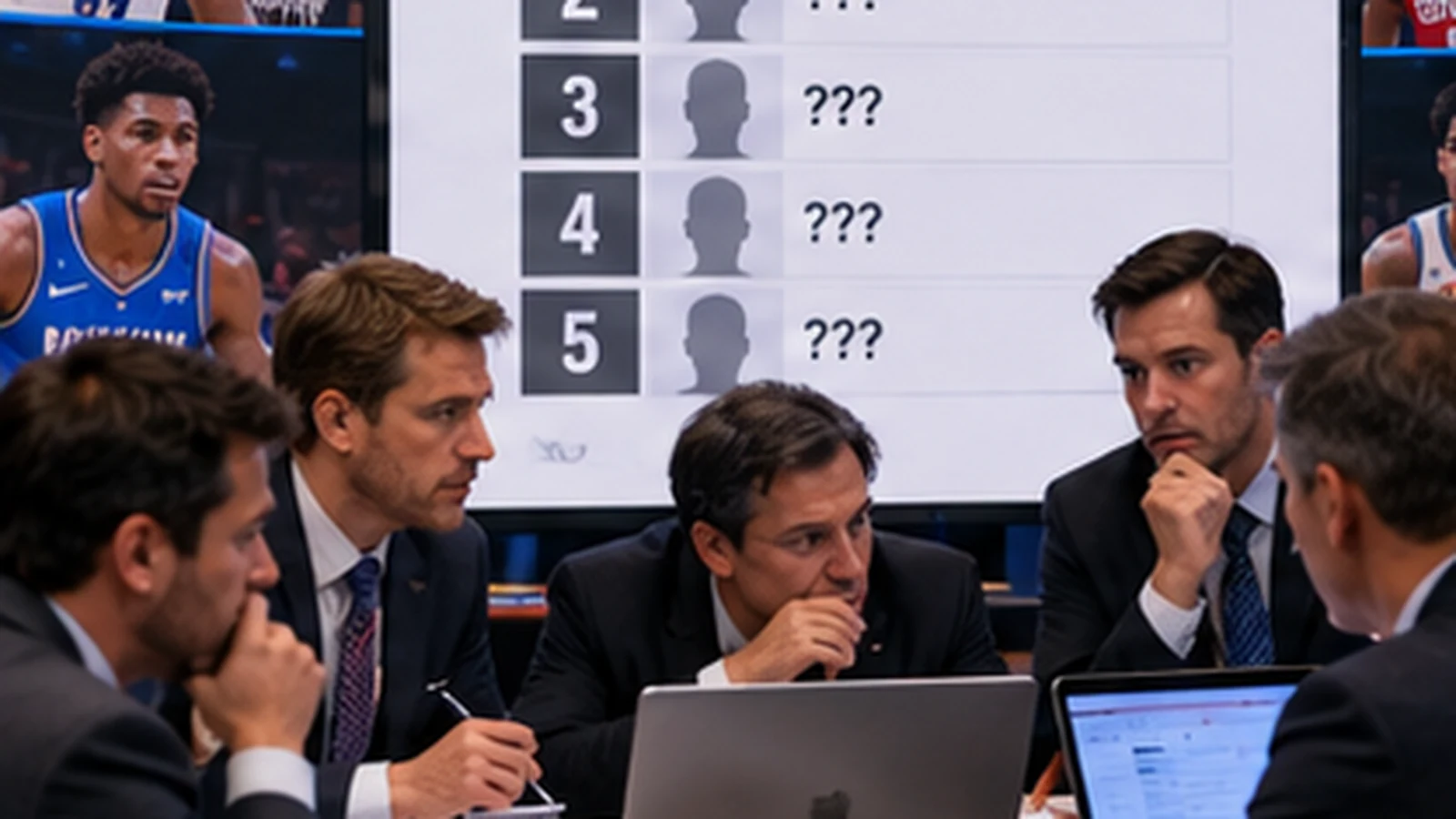 Satirical draft war room scene with analysts studying a 2027 draft board that insists there is no clear top prospect while already listing a No. 1 pick.
