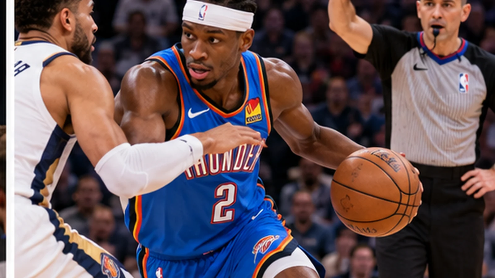 Satirical game-action image of a starting guard creating space with an offensive arm while a referee raises a hand to signal a call.