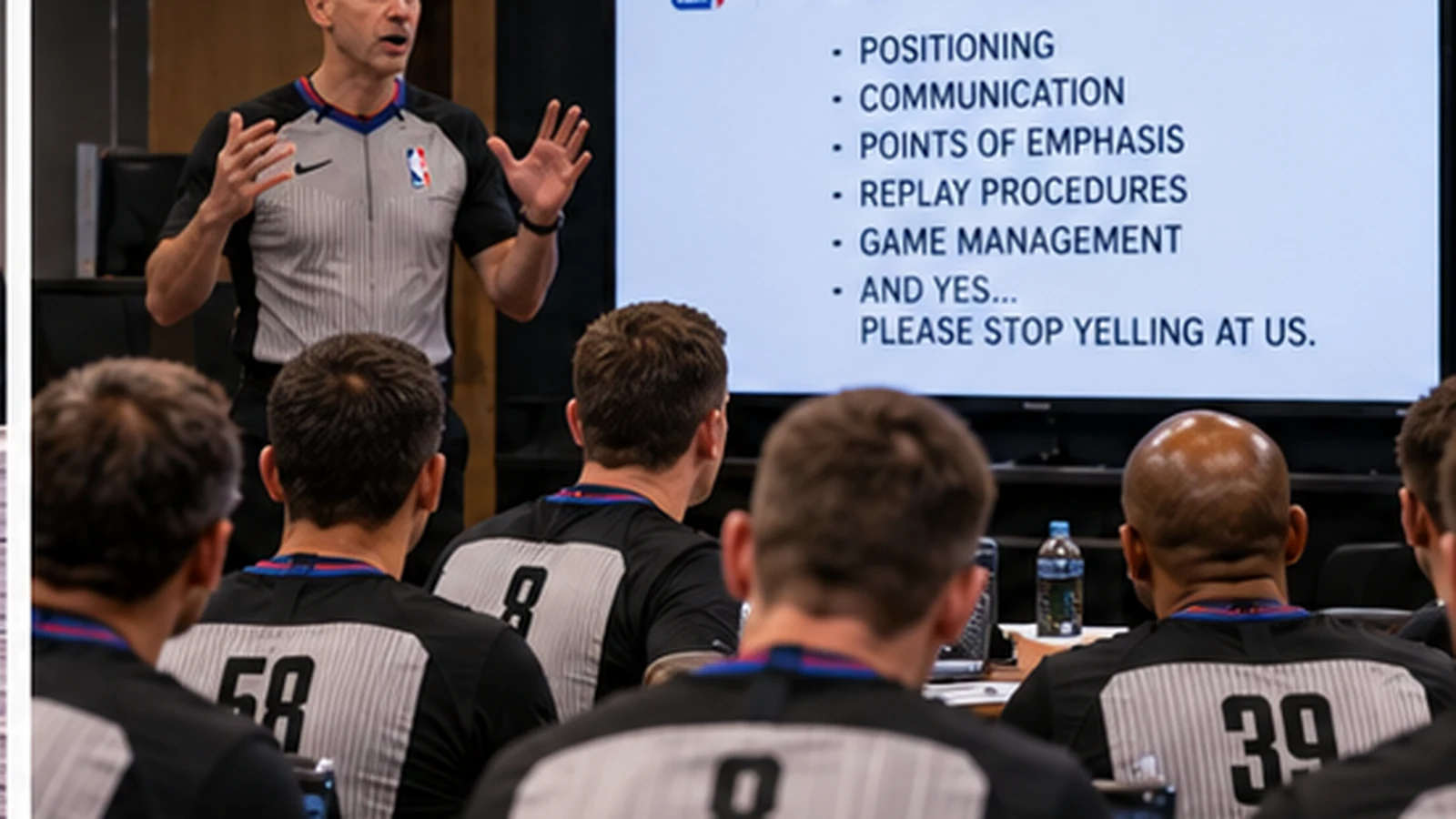 Satirical preseason officiating seminar with an NBA referee presenting to a room of officials in front of a slide that ends by asking everyone to please stop yelling at them.