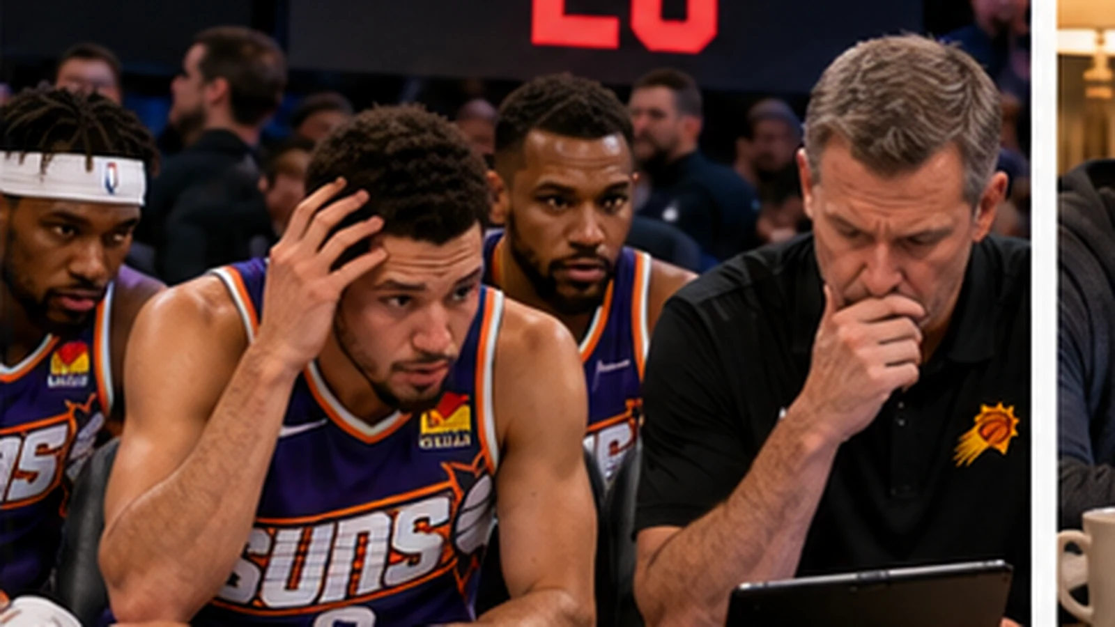 Satirical Suns bench scene with frustrated players staring at a scoreboard that reads 26 turnovers while coaches and analysts process the number.