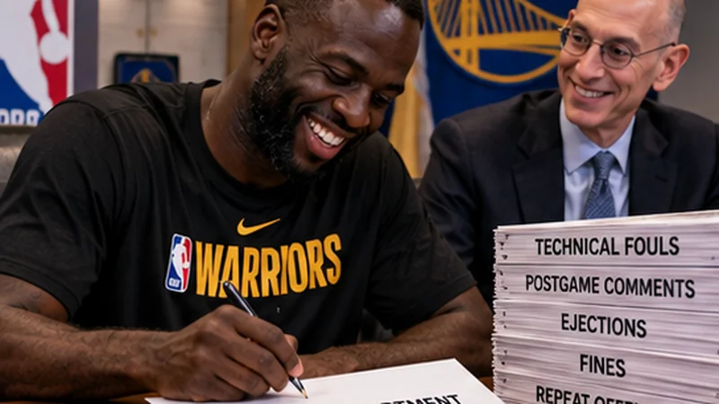 Satirical Warriors office scene with Draymond Green smiling while signing an NBA Fine Department AutoPay enrollment form next to a tall stack of technical foul paperwork.