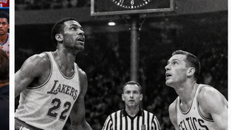Satirical black-and-white basketball scene from the 1950s showing players staring up in alarm at a newly installed 24-second shot clock.