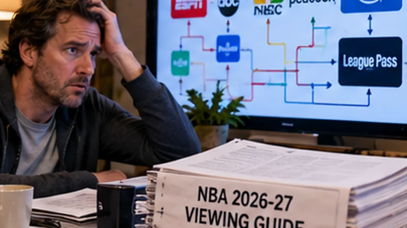 Satirical home-office scene with a frustrated fan studying a thick NBA viewing guide and a flowchart of streaming services on a monitor.