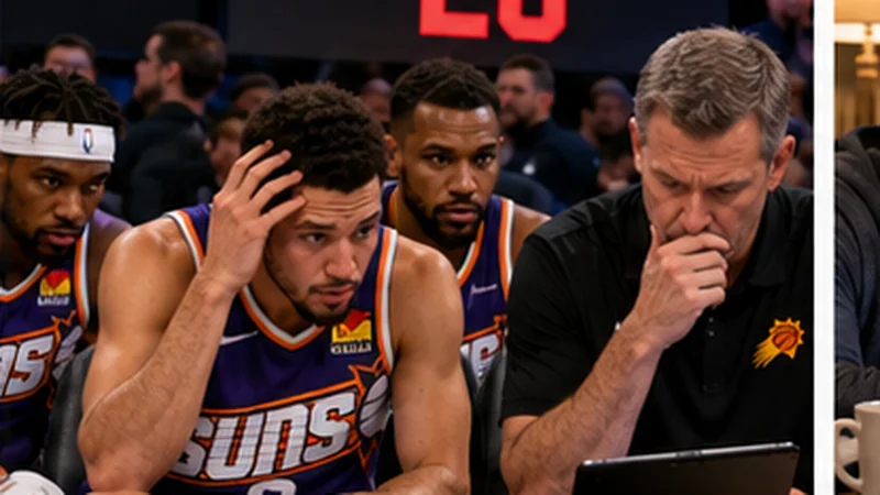 Satirical Suns bench scene with frustrated players staring at a scoreboard that reads 26 turnovers while coaches and analysts process the number.