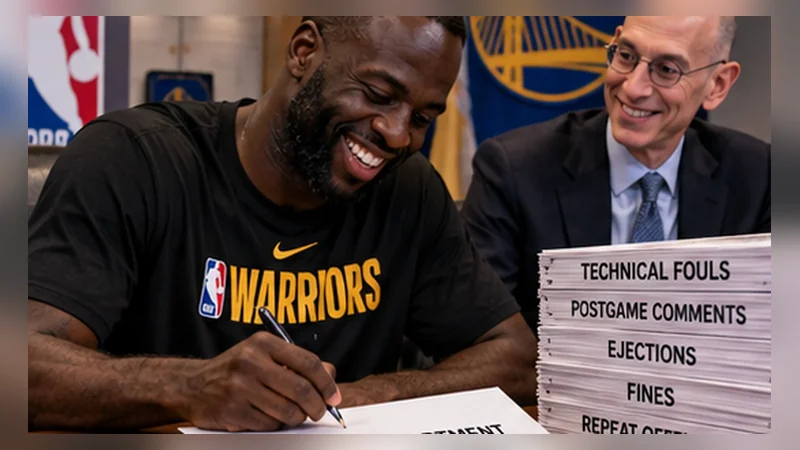 Satirical Warriors office scene with Draymond Green smiling while signing an NBA Fine Department AutoPay enrollment form next to a tall stack of technical foul paperwork.