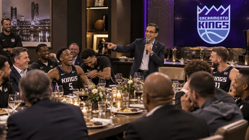 Realistic Sacramento Kings team dinner with a Vivek Ranadivé-like owner holding a microphone and roasting the room while players, coaches and staff laugh.