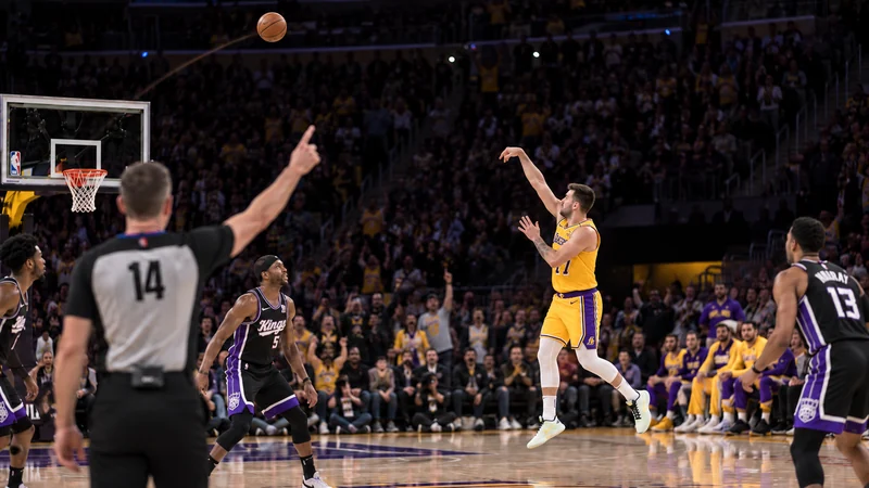 Realistic Lakers-Kings game image of Luka Dončić in yellow No. 77 facing the basket and launching an extremely deep three-pointer toward the hoop.