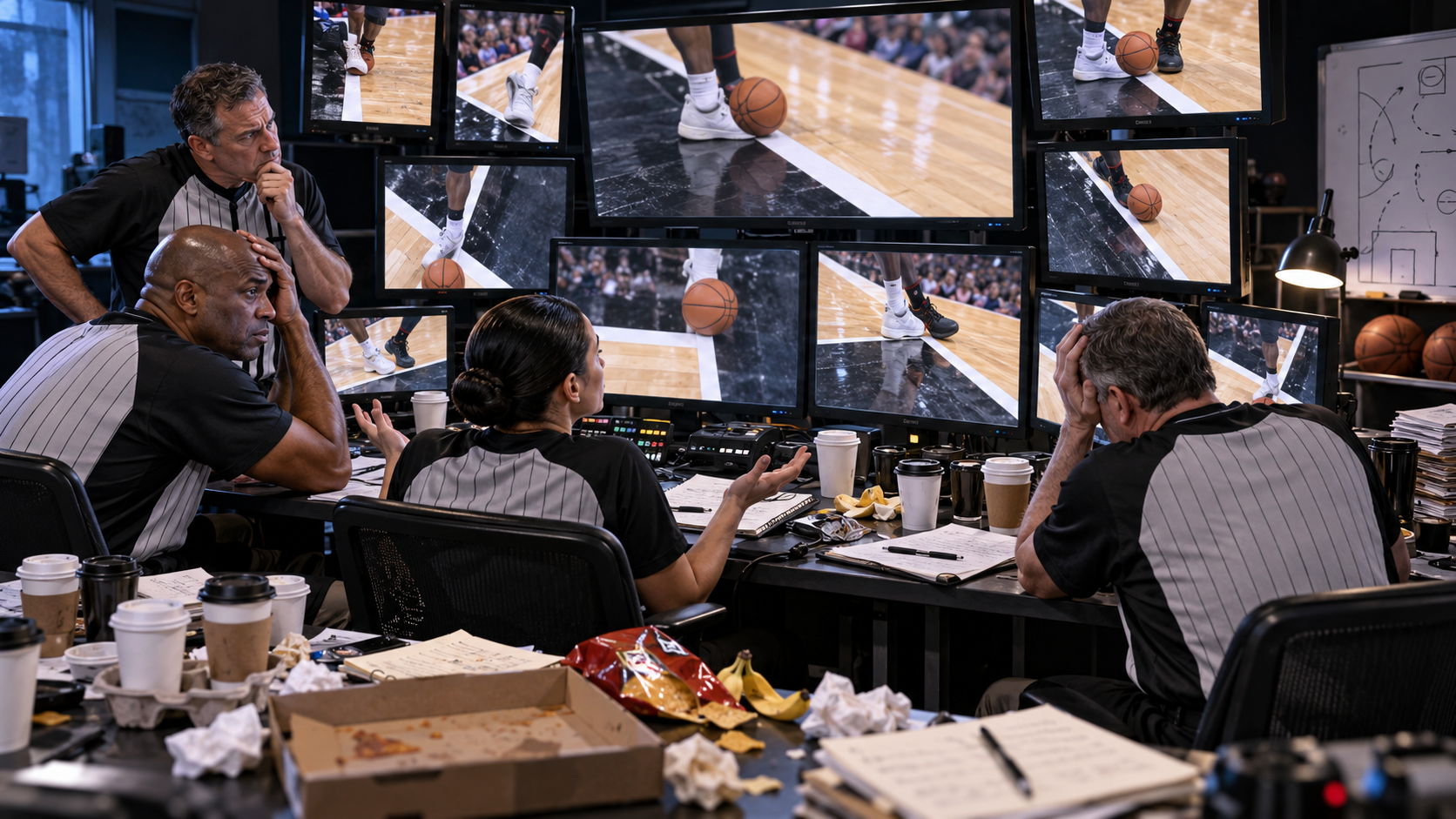 Satirical fictional replay room stuck in a long review that remains inconclusive.