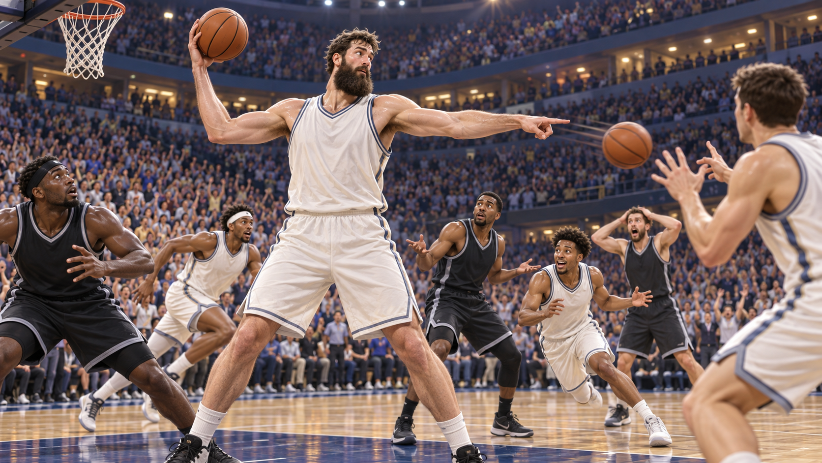 Satirical fictional basketball center controlling a game with rebounds and assists despite scoring only four points.