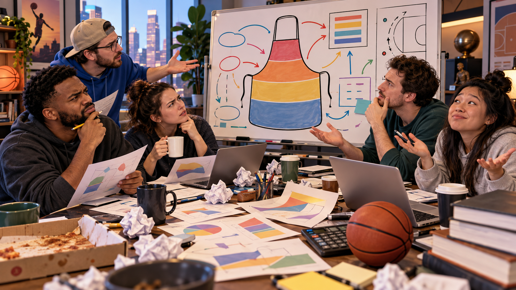 Satirical fictional basketball fans struggling to explain the second-apron salary-cap rules.