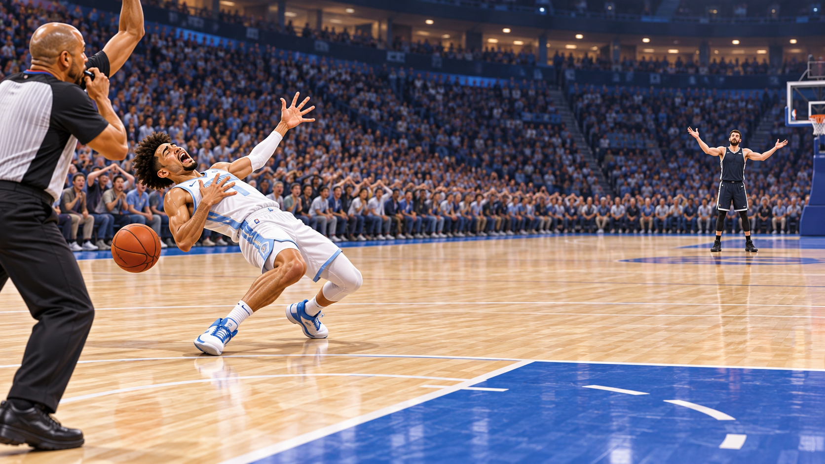 Satirical fictional guard drawing a foul from a defender positioned absurdly far away.