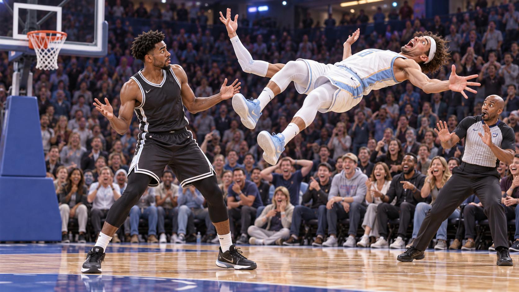 Satirical fictional basketball flopping-test visual with a player remaining airborne after contact.