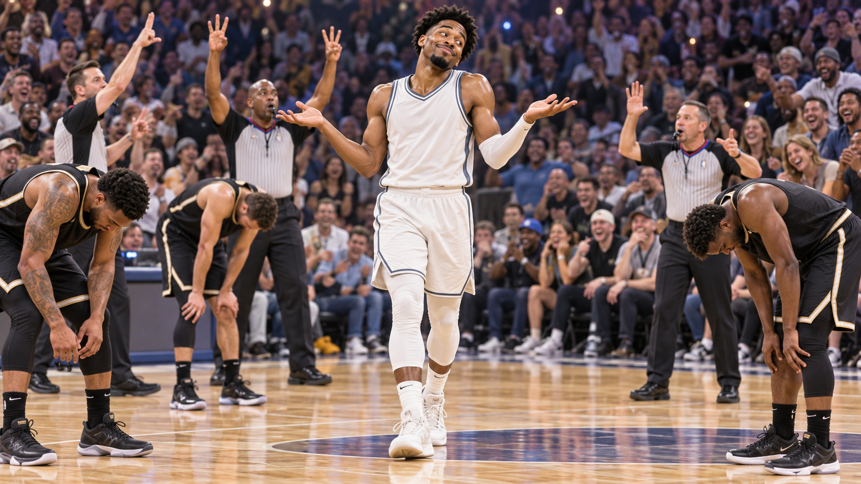 Satirical fictional scorer shrugging after scoring 38 points on only six made field goals.