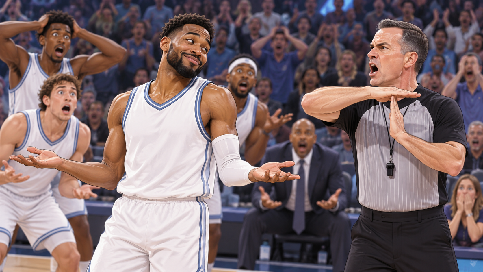 Satirical fictional referee issuing a technical foul after a knowing look from a player.
