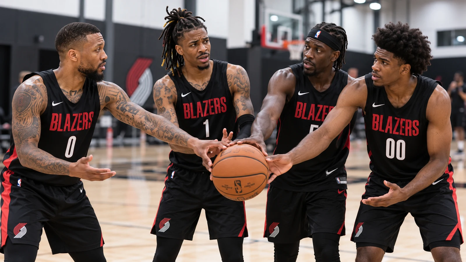 Current Portland Trail Blazers guards Damian Lillard, Ja Morant, Jrue Holiday and Scoot Henderson all reaching for the same basketball during practice.