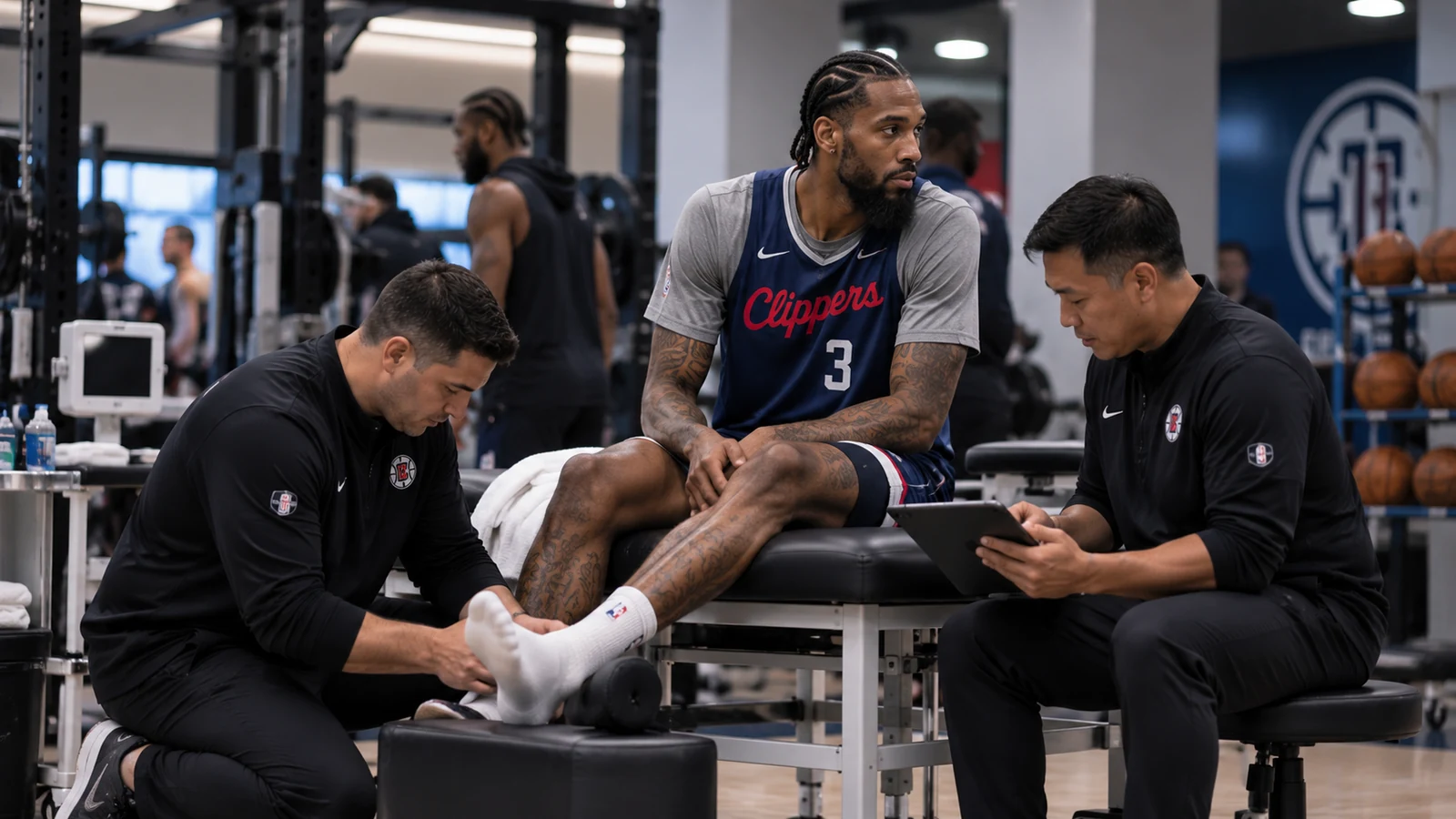 Brandon Ingram in current LA Clippers No. 3 gear seated in a team medical area while trainers examine his ankle.
