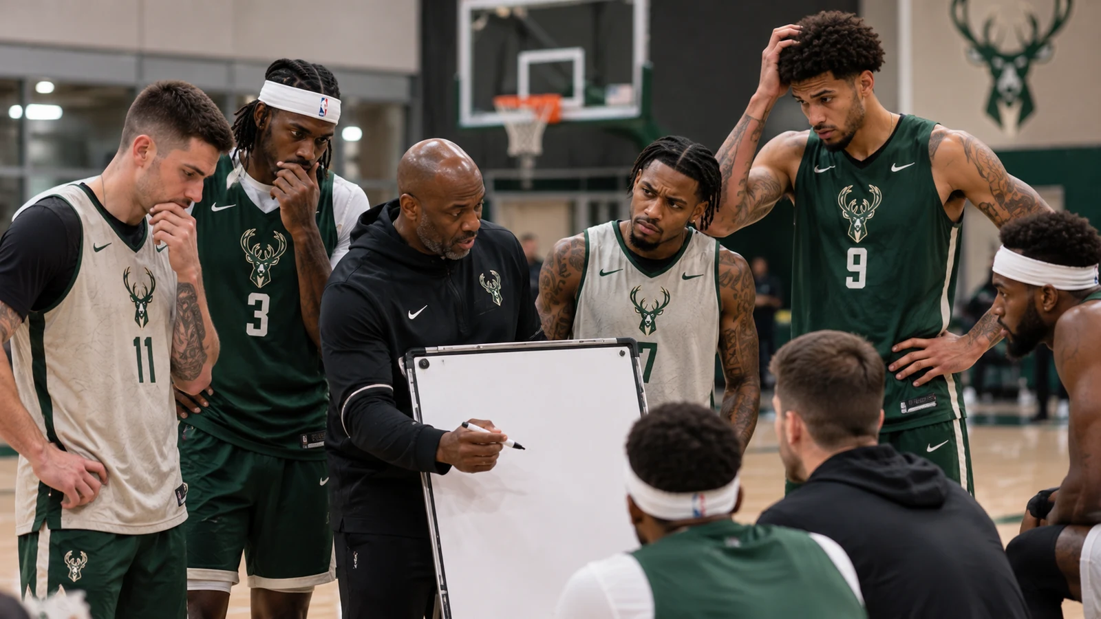 Current Milwaukee Bucks players Tyler Herro, Myles Turner, Kevin Porter Jr. and teammates studying a blank coaching board during practice.
