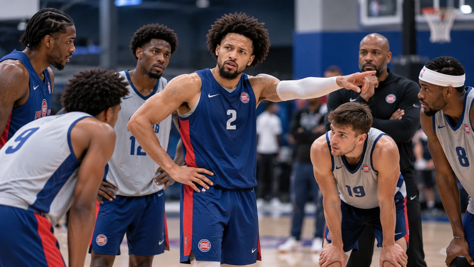 Cade Cunningham in current Detroit Pistons practice gear directing younger teammates during a team huddle.