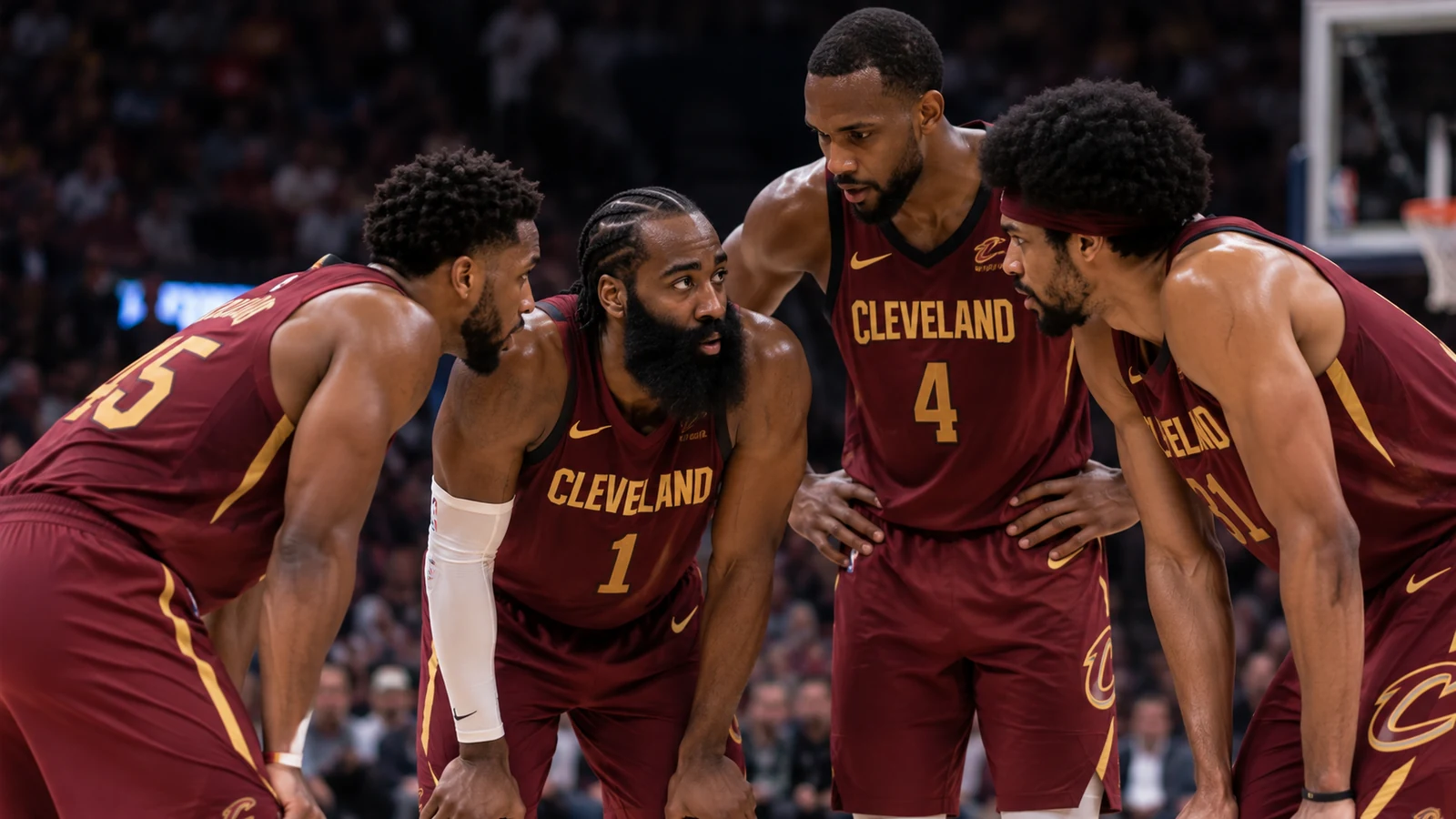Current Cleveland Cavaliers stars Donovan Mitchell, James Harden, Evan Mobley and Jarrett Allen huddling together during a game.