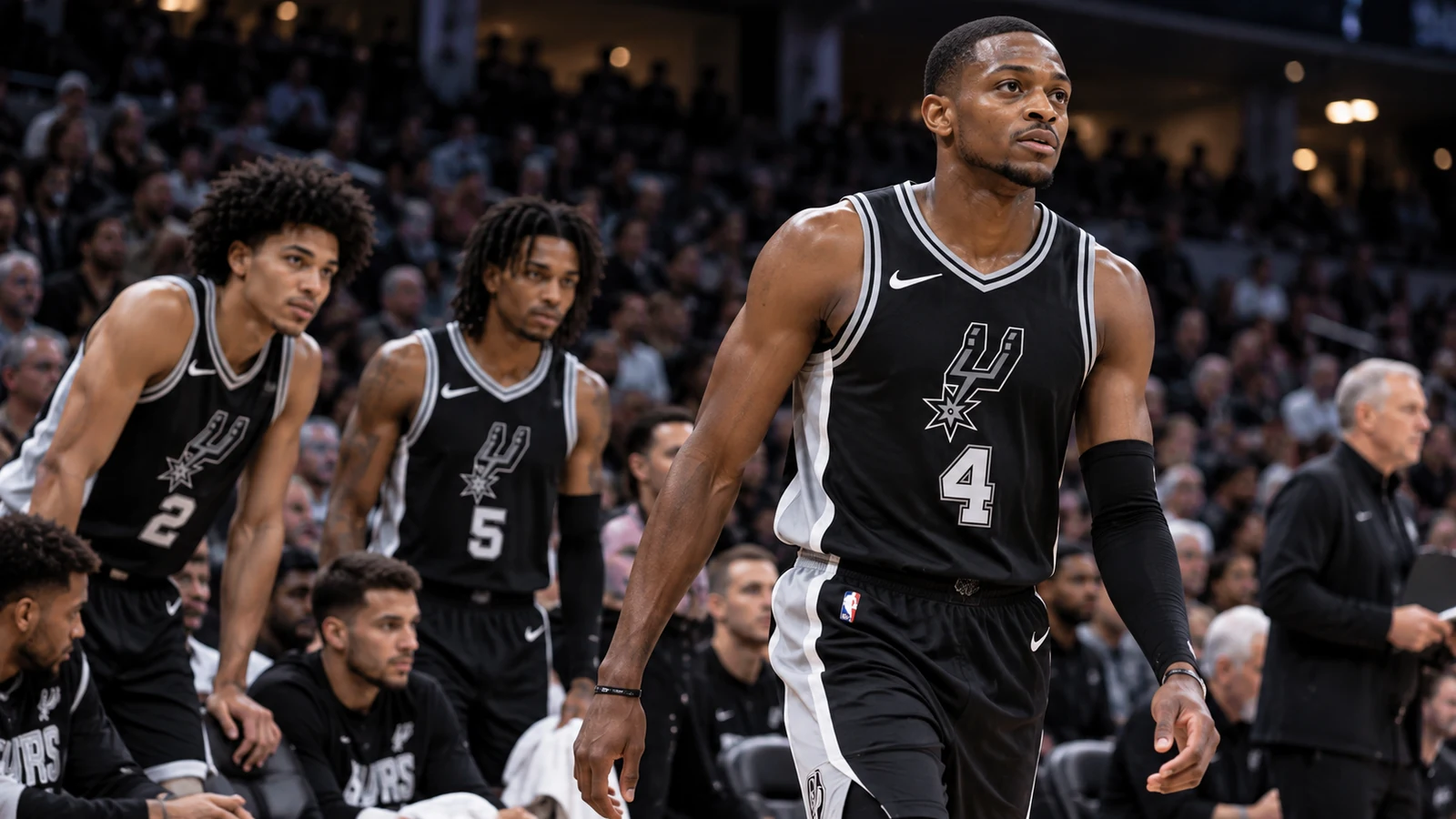 De’Aaron Fox in current San Antonio Spurs No. 4 gear walking toward the court with current Spurs guards behind him.