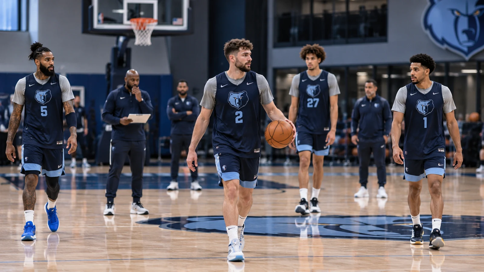 Ty Jerome in current Memphis Grizzlies No. 2 practice gear bringing the ball up with current Grizzlies teammates around him.