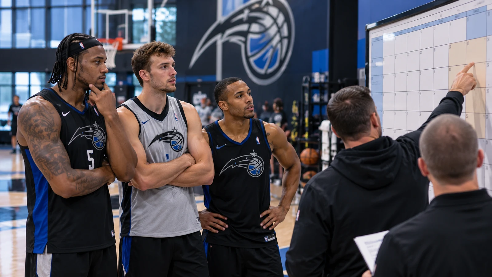 Current Orlando Magic players studying a large practice-facility calendar with coaches before the season.