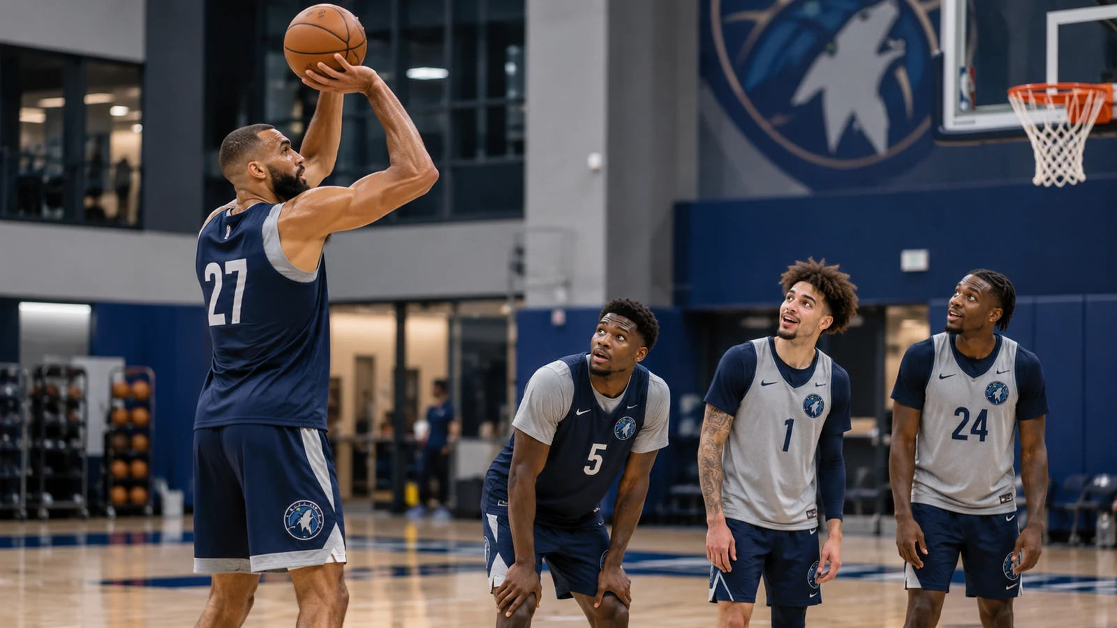 Rudy Gobert in current Minnesota Timberwolves No. 27 practice gear shooting a three-pointer while current teammates watch.