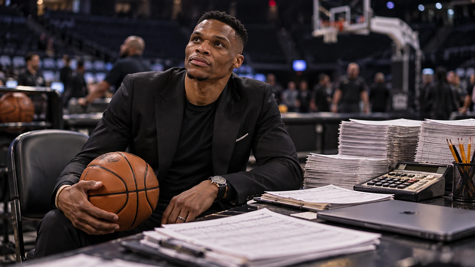 Retired NBA star Russell Westbrook in a dark suit seated beside basketball statistics paperwork and scoring equipment at an arena table.