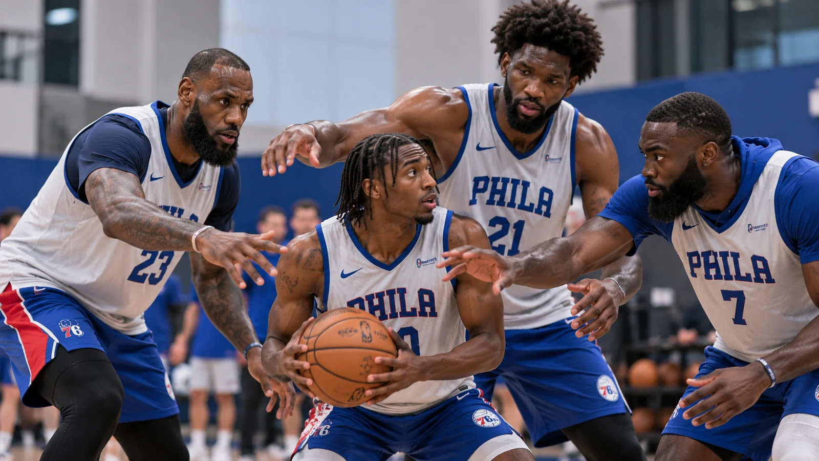 Tyrese Maxey in current Philadelphia 76ers gear holding one basketball while LeBron James, Joel Embiid and Jaylen Brown crowd around during practice.