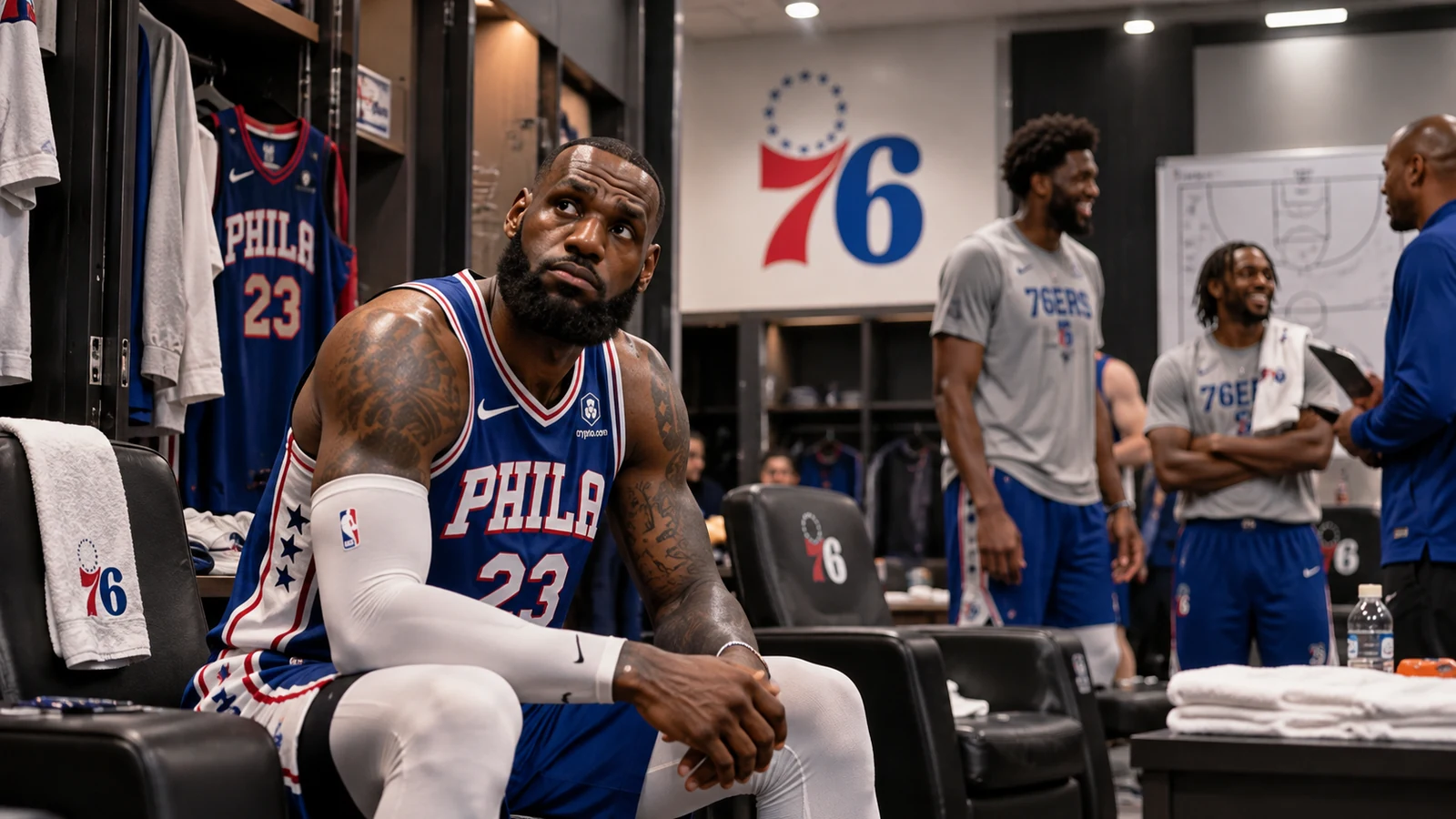 Satirical editorial image of an older superstar in Philadelphia colors sitting thoughtfully in a Sixers locker room while teammates talk behind him.