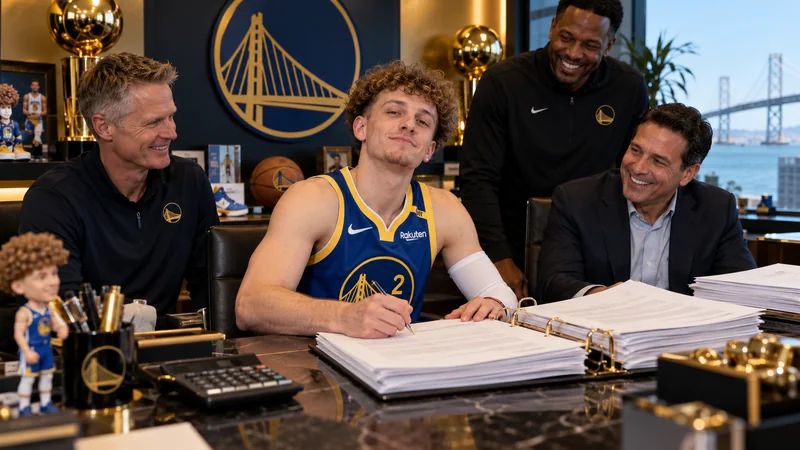 Satirical editorial image of a young Warriors guard signing a large contract at a Golden State front-office table while executives smile around him.