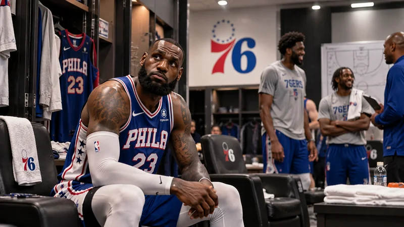 Satirical editorial image of an older superstar in Philadelphia colors sitting thoughtfully in a Sixers locker room while teammates talk behind him.