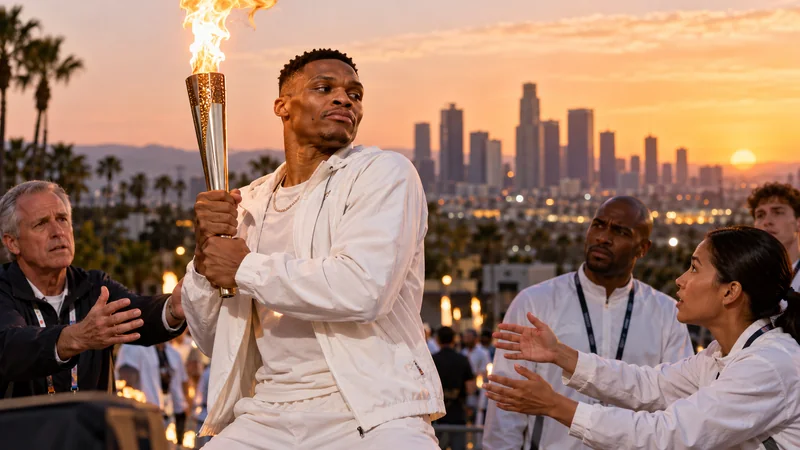 Satirical editorial image of a Westbrook-like athlete in white gripping a lit ceremonial torch in Los Angeles while officials reach toward him for the handoff.
